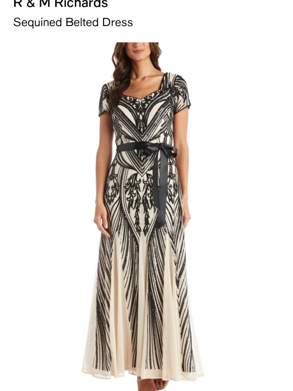 R&M Richards Black and Ivory Sequined Belted Maxi Dress